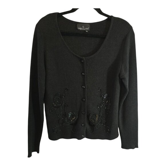 CAROLE LITTLE SPORT CARDIGAN BLACK FLORAL BEADED EMBELLISHMENTS SIZE MEDIUM - Picture 1 of 7